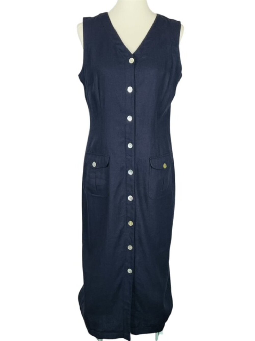 Vtg 90s St Johns Bay Linen Midi Dress Sz 8M Black Old Money Quiet Luxury Beach